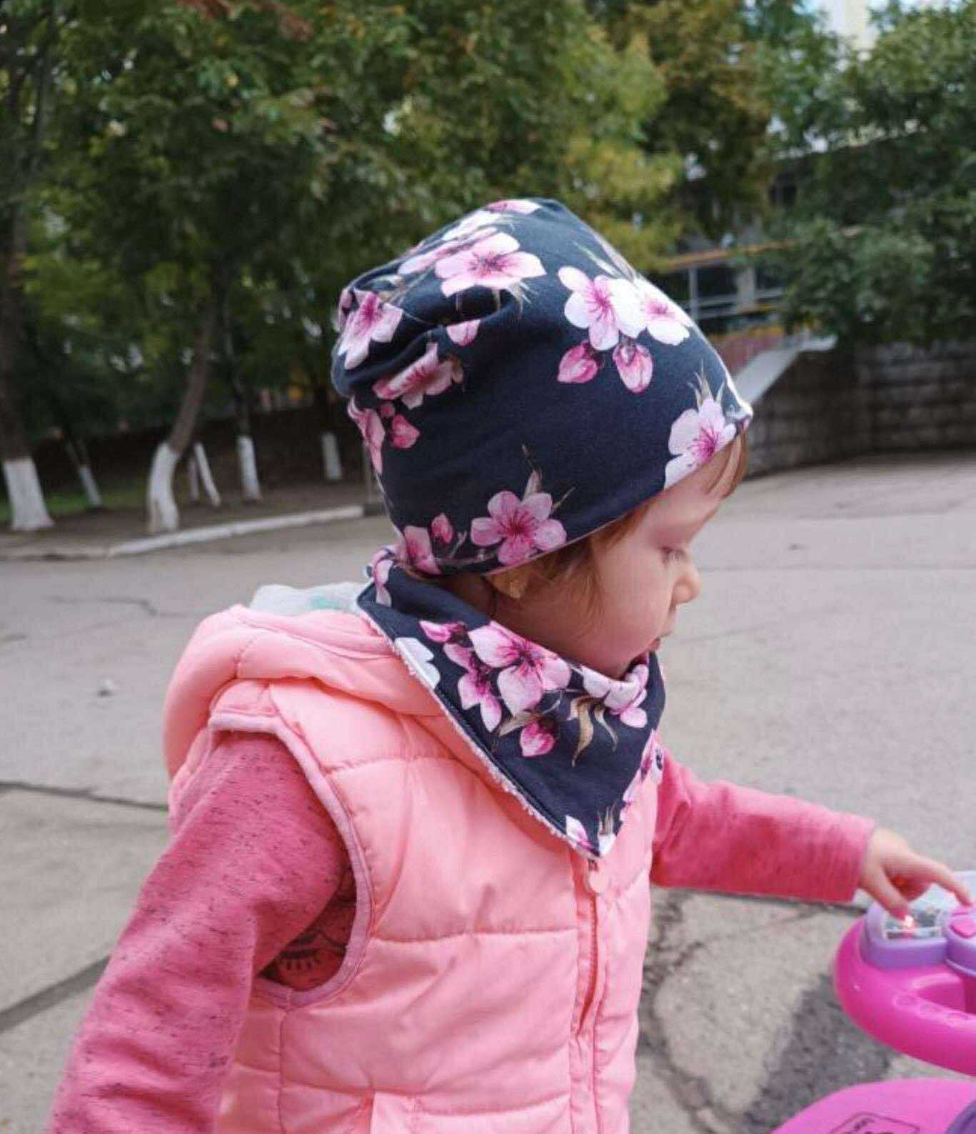 Reversible Navy Cherry Blossom Slouchy Beanie hat  Matching Bandana Bib – Toddler and Baby Gift Set