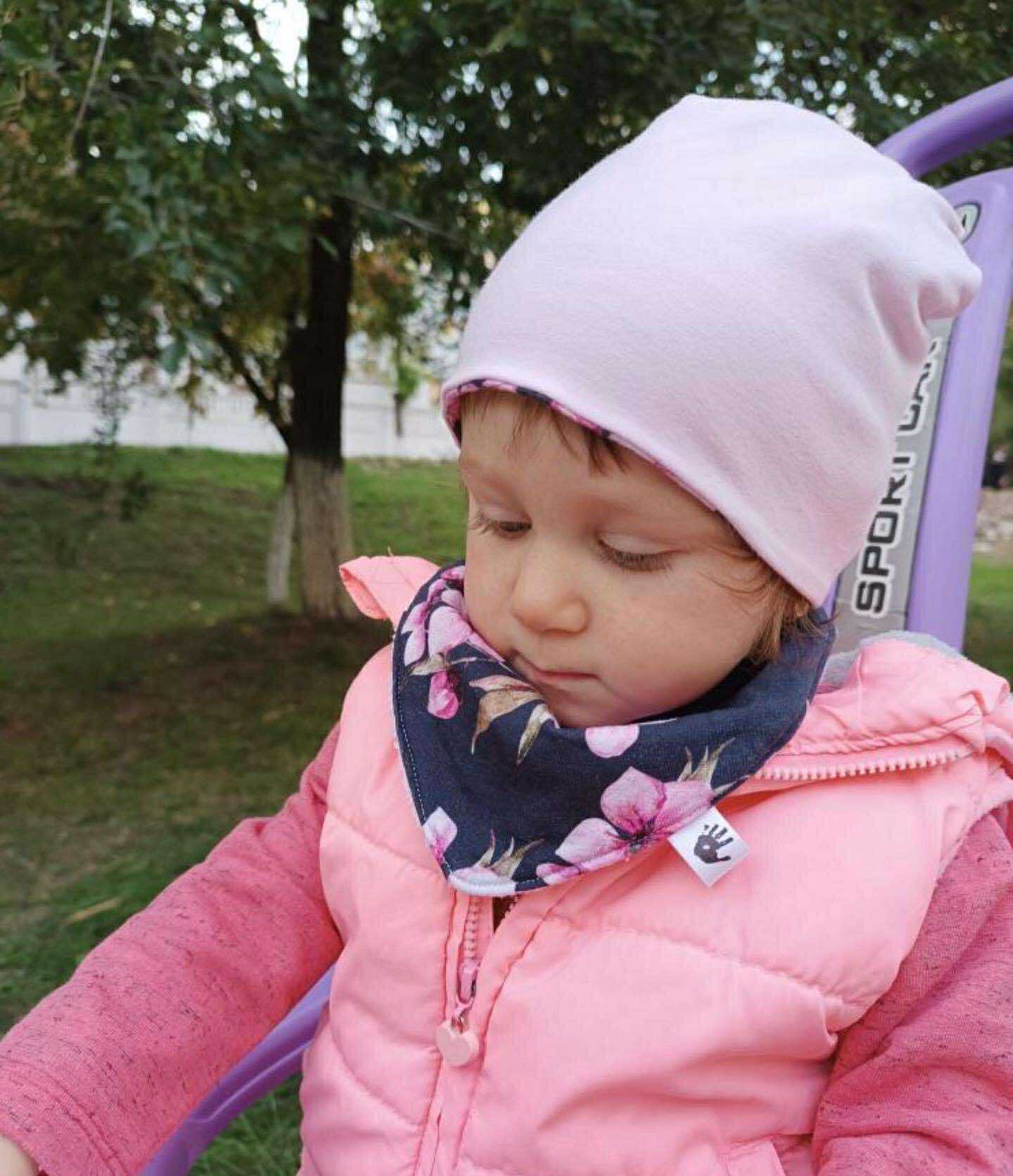 Reversible Navy Cherry Blossom Slouchy Beanie hat  Matching Bandana Bib – Toddler and Baby Gift Set