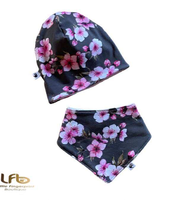 Reversible Navy Cherry Blossom Slouchy Beanie hat  Matching Bandana Bib – Toddler and Baby Gift Set