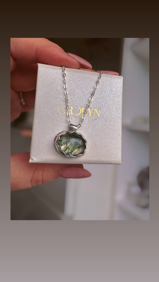 Moss Agate heart Necklace Sterling Silver