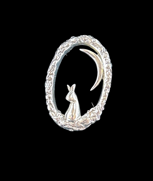 Hare under a crescent moon brooch