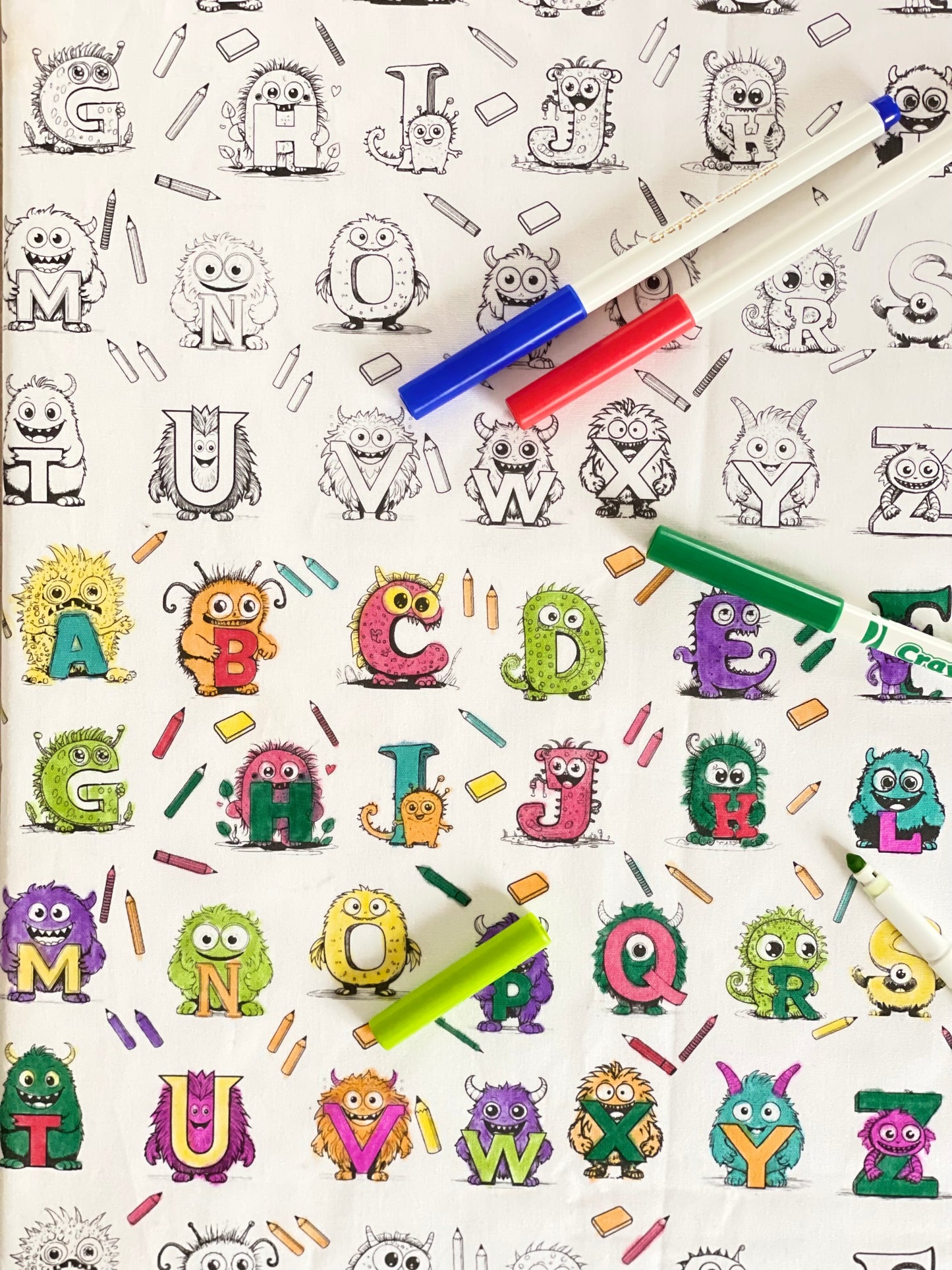 DC Monster Alphabet 'Colour Me' Placemat with 12  Washable | Reversible Colouring Placemat