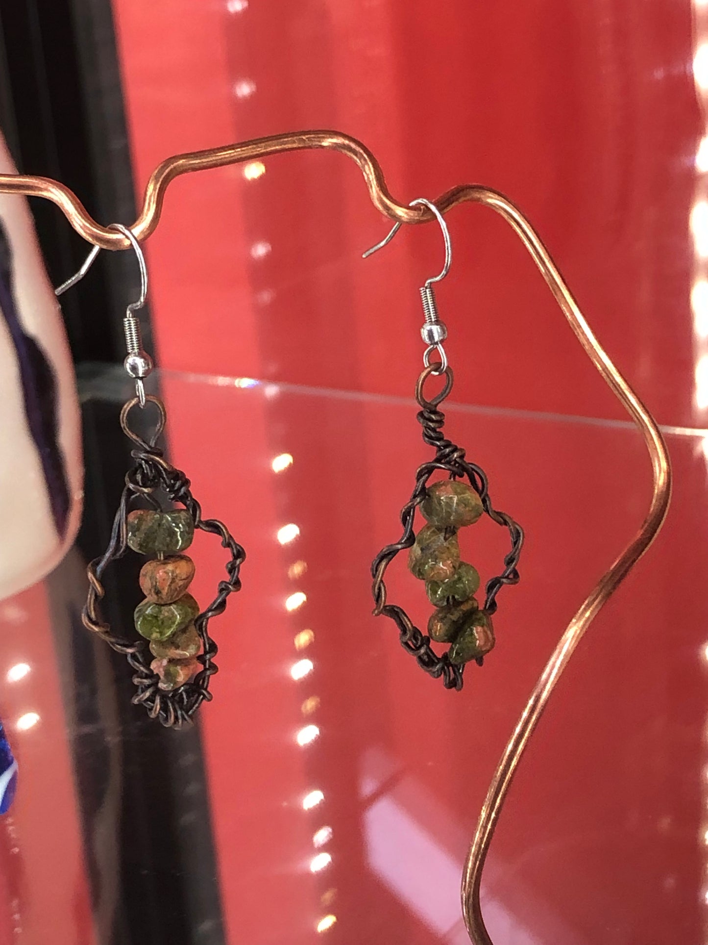 Copper twisted earrings with unakite