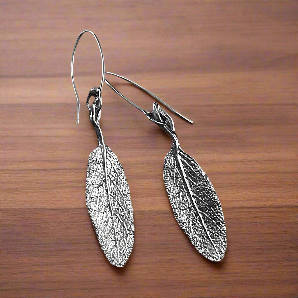 Sage leaf earrings (sterling silver)