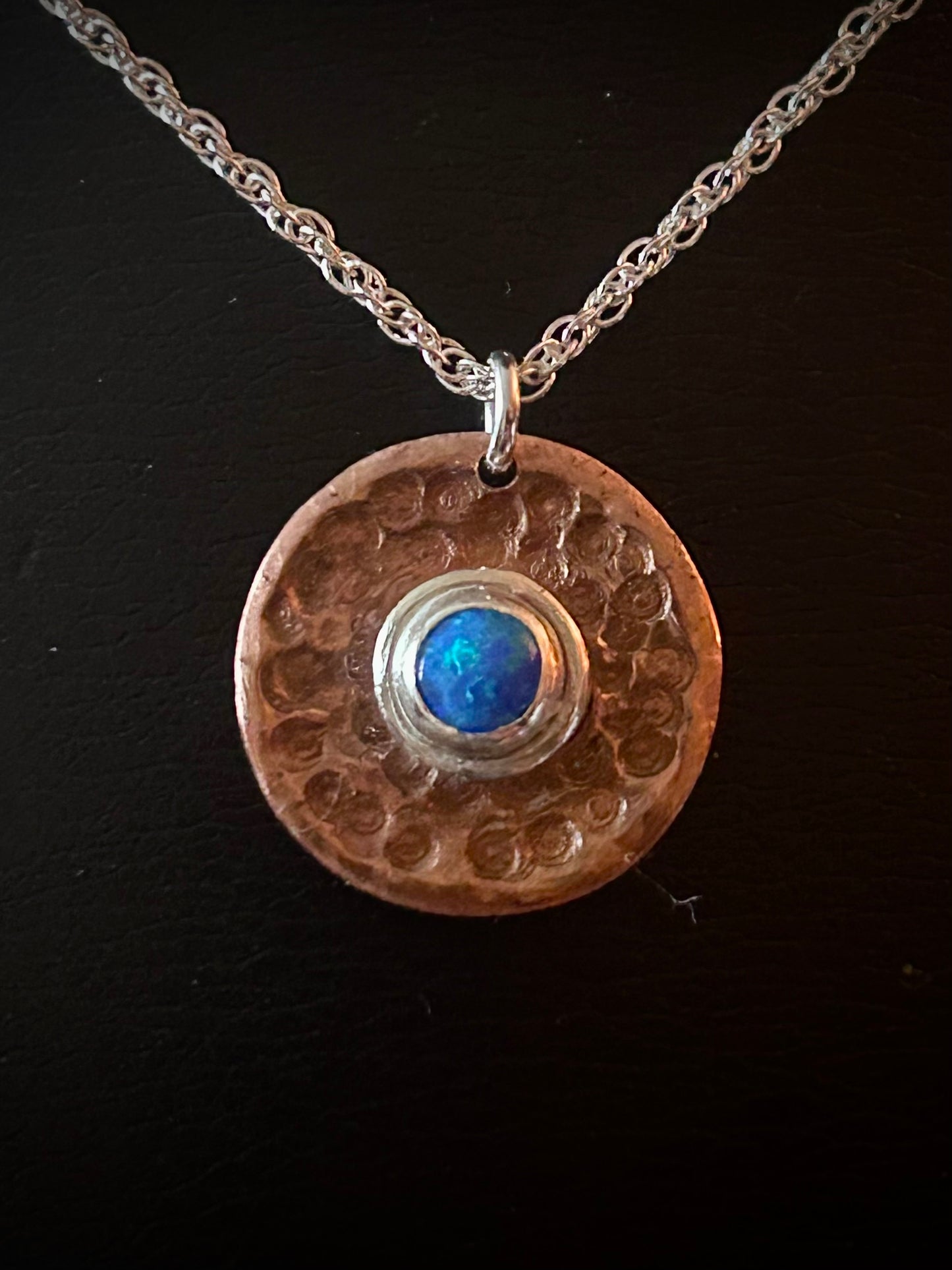 Copper, silver and cultured blue opal pendant necklace on sterling silver chain.