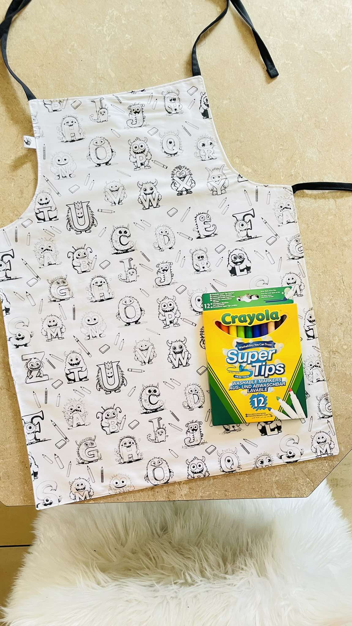 Monster Alphabet ‘Colour Me’ Apron with 12 Washable Markers – Reversible, Creative, and Durable Apron for Kids Aged 3-8 | Gift Idea