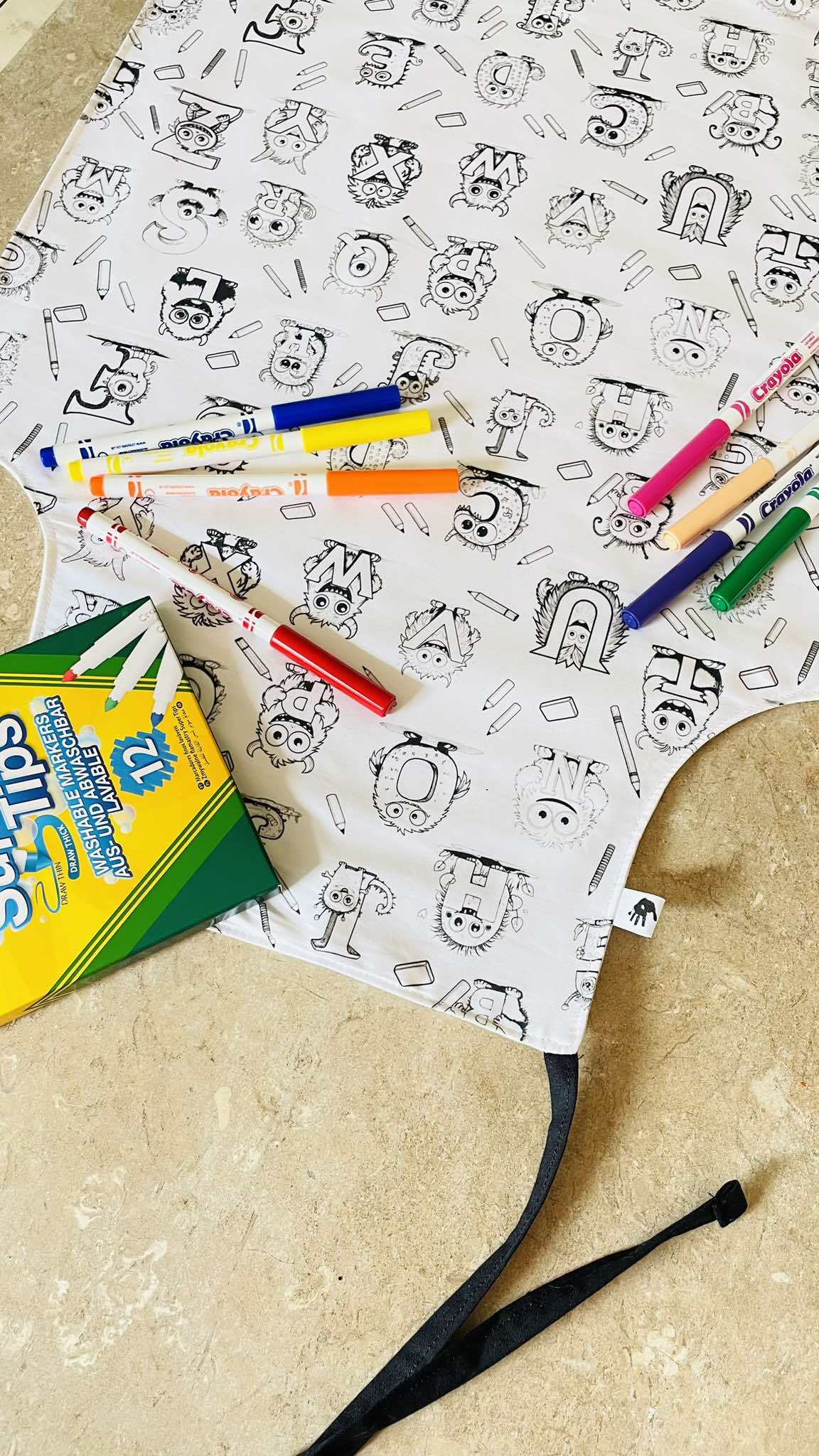 Monster Alphabet ‘Colour Me’ Apron with 12 Washable Markers – Reversible, Creative, and Durable Apron for Kids Aged 3-8 | Gift Idea