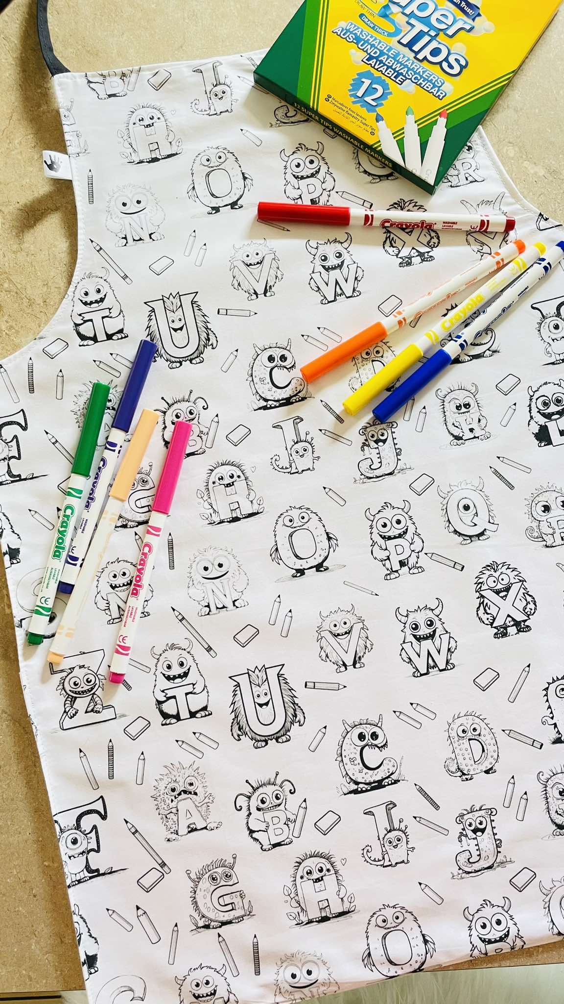 Monster Alphabet ‘Colour Me’ Apron with 12 Washable Markers – Reversible, Creative, and Durable Apron for Kids Aged 3-8 | Gift Idea