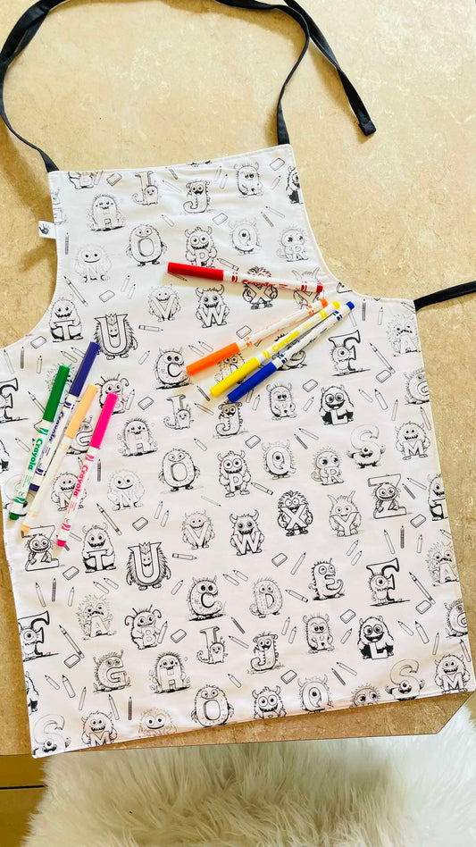Monster Alphabet ‘Colour Me’ Apron with 12 Washable Markers – Reversible, Creative, and Durable Apron for Kids Aged 3-8 | Gift Idea