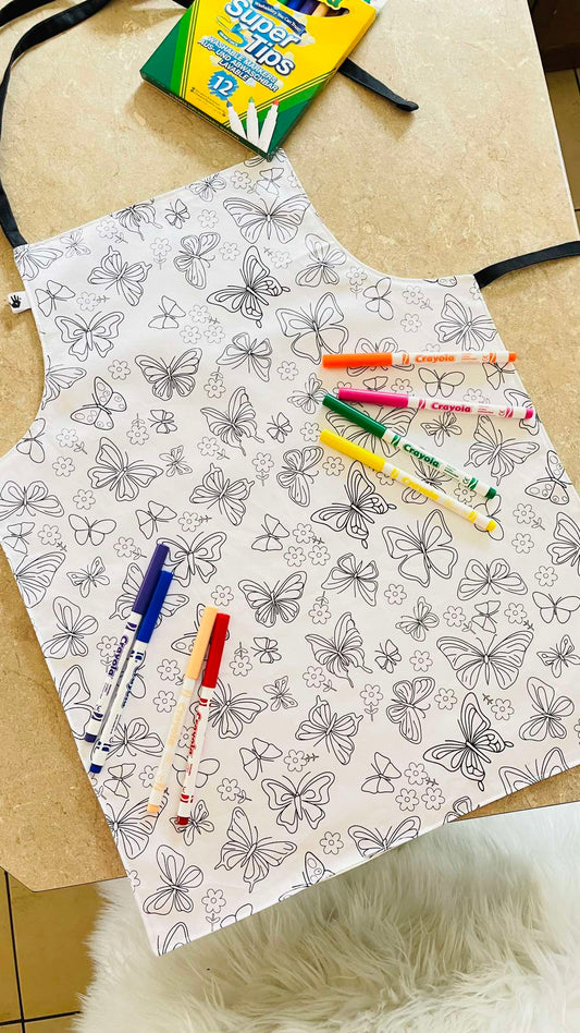 Butterfly ‘Colour Me’ Apron with 12 Washable Markers – Reversible, Creative, and Durable Apron for Kids Aged 3-8 | Gift Idea