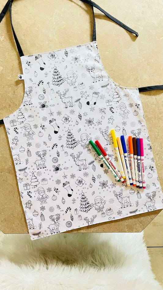 Christmas  ‘Colour Me’ Apron with 12 Washable Markers – Reversible, Creative, and Durable Apron for Kids Aged 3-8 | Gift Idea