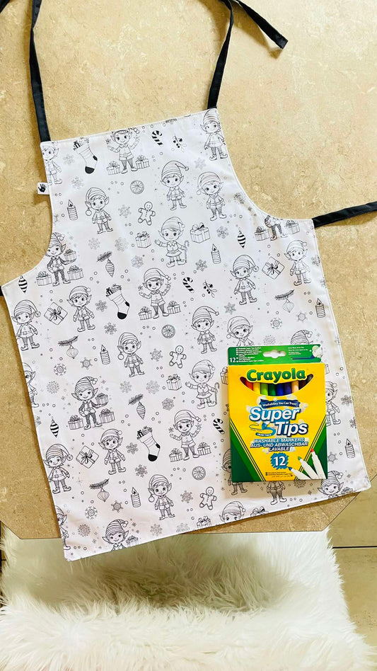 Elf  ‘Colour Me’ Apron with 12 Washable Markers – Reversible, Creative, and Durable Apron for Kids Aged 3-8 | Gift Idea