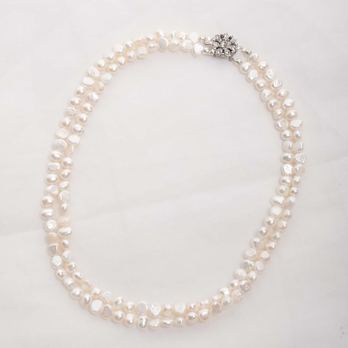 Cordelia-Double Strand Freshwater Pearls and Rhinestone Crystal Clasp Necklace