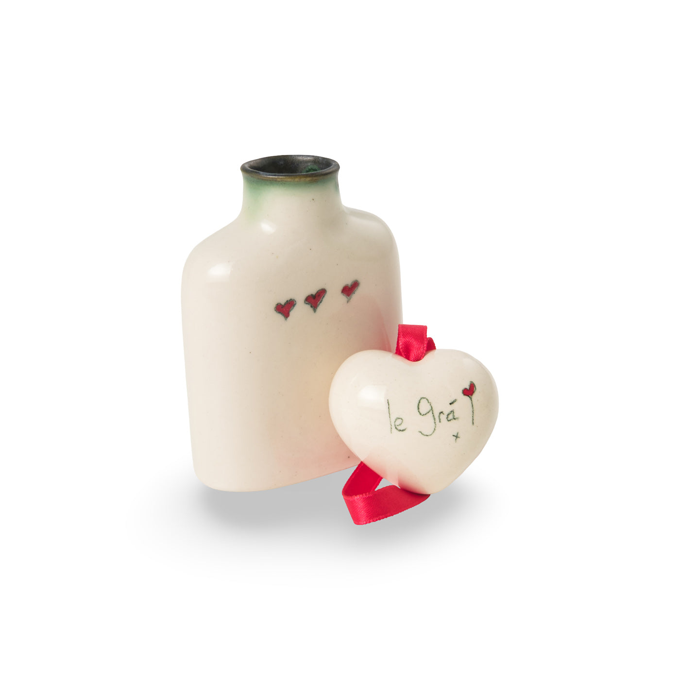 Ceramic hip flask Vase 3 Hearts + Le Grá hanging heart