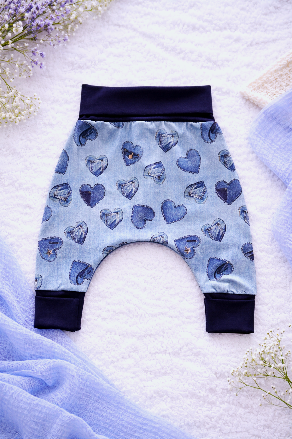 Denim Heart "Grow with Me" Baby Harem Pants – Adjustable, Comfy & Durable