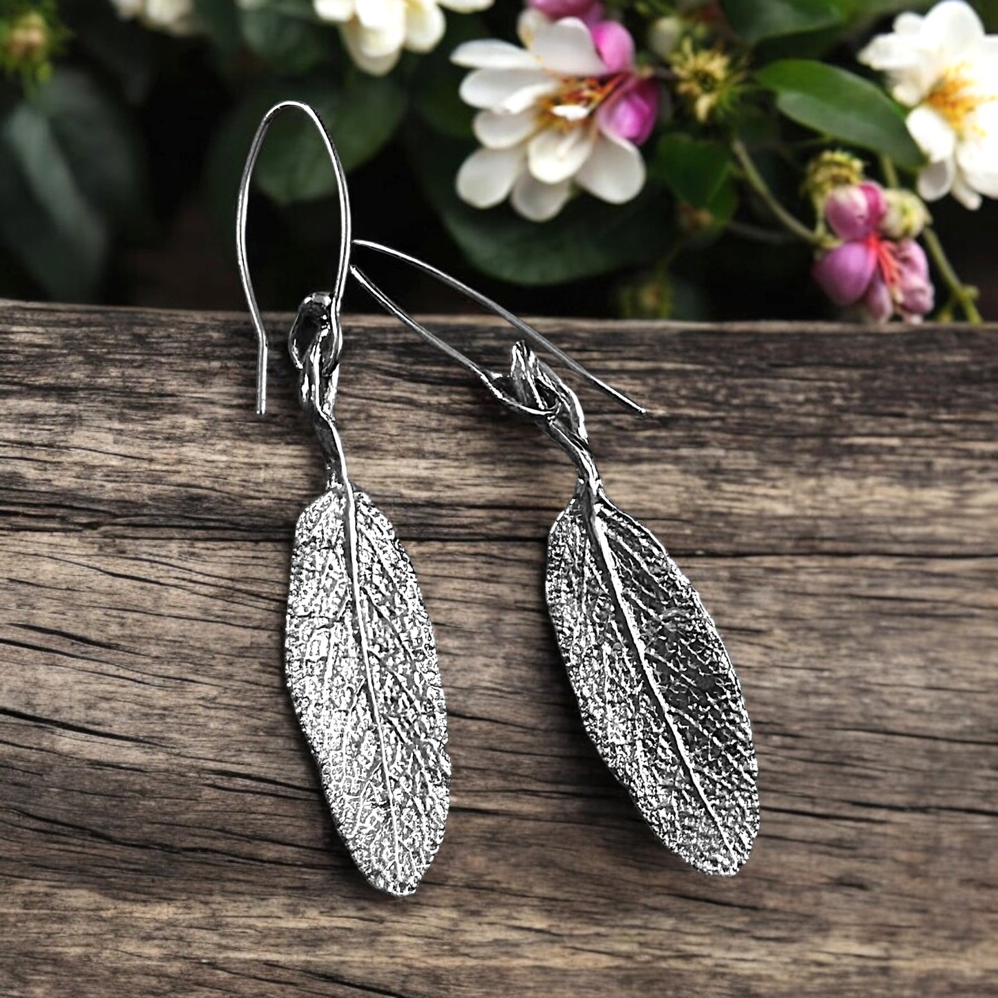 Sage leaf earrings (sterling silver)