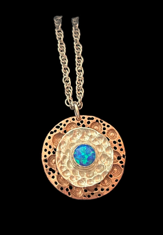 Copper, silver and cultured opal pendant necklace