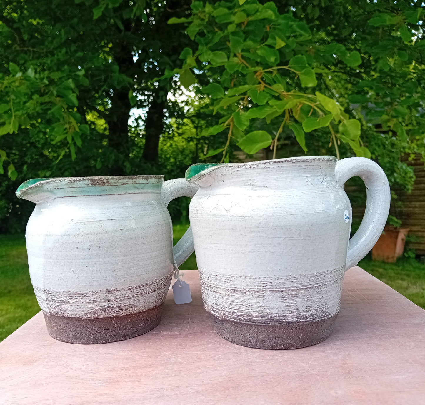 Hand Made White Jug with Green Rim