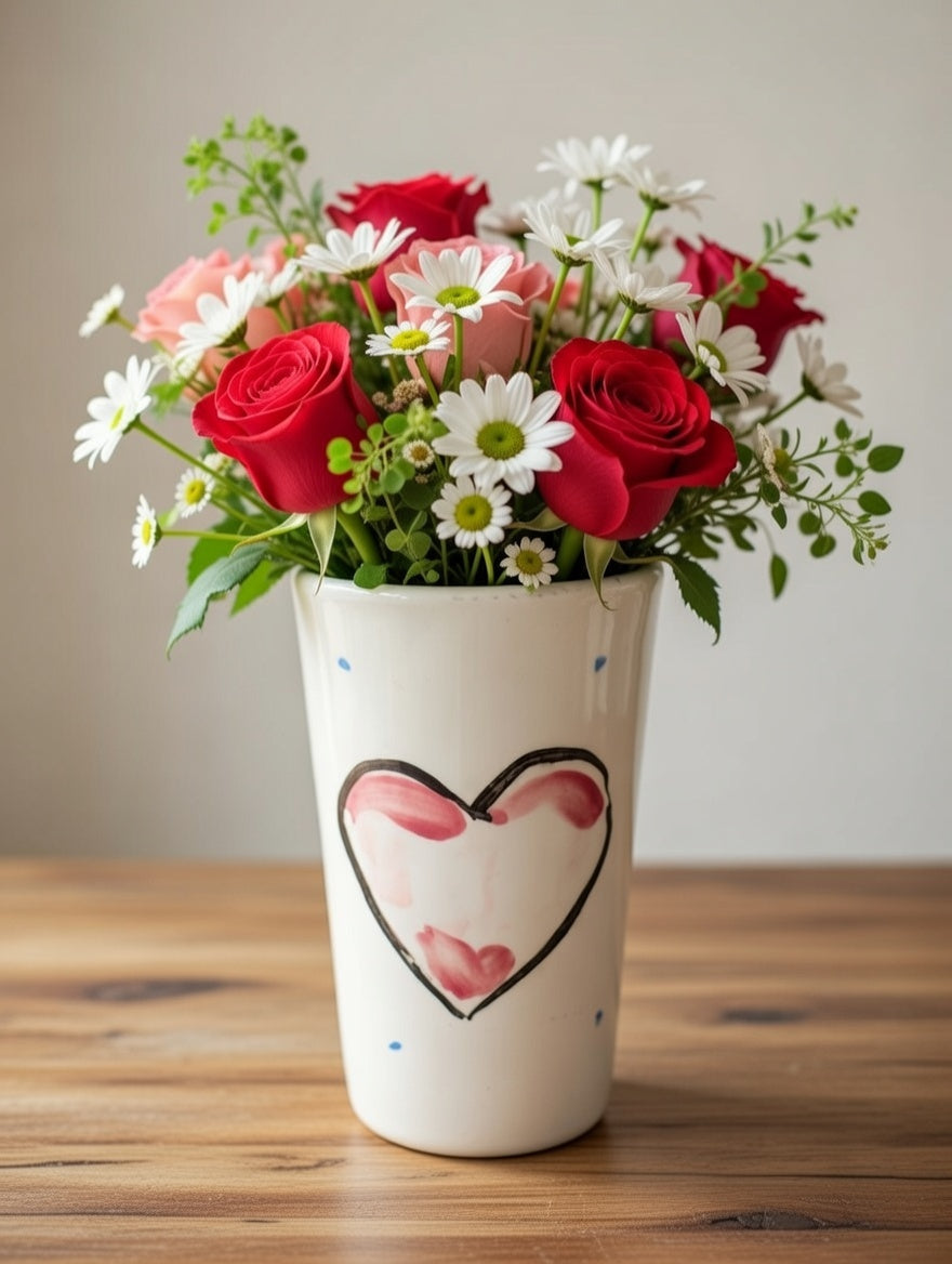 Stunning Handmade Vase with a hand painted Grá Heart on white glaze with periodic blue dots with beautiful colourful flowers 