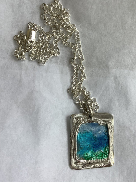 Large oblong silver and enamel pendant