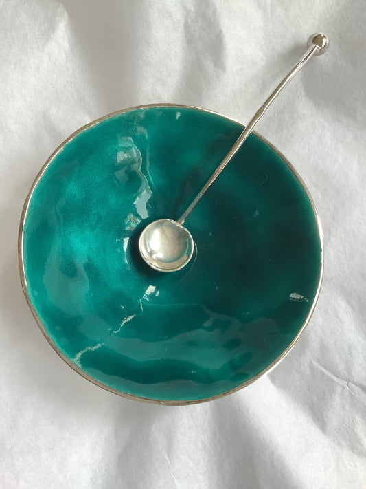 Silver and enamel table bowl with silver spoon