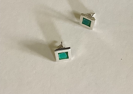 Blue and green silver enamel square studs