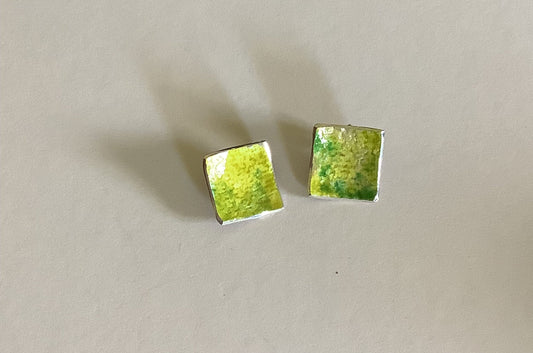 Silver and enamel yellow, green accent large square studs