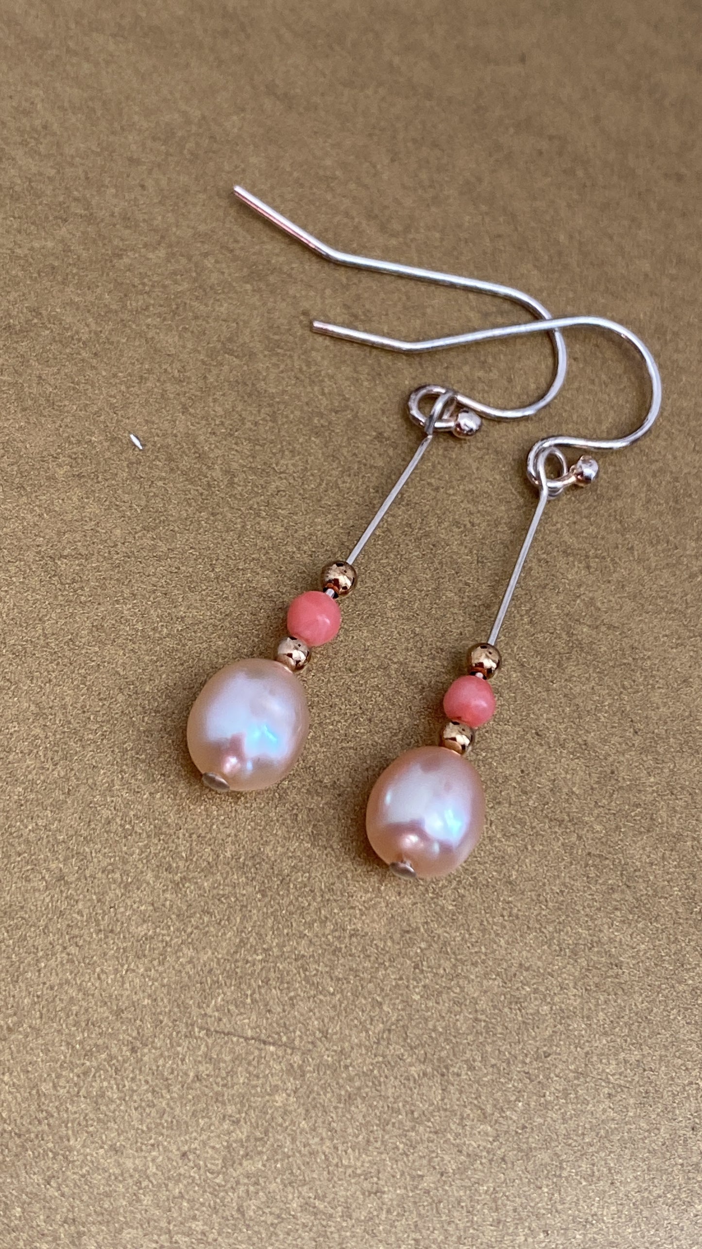 Pearl and Coral Gold and Silver Drop Earrings