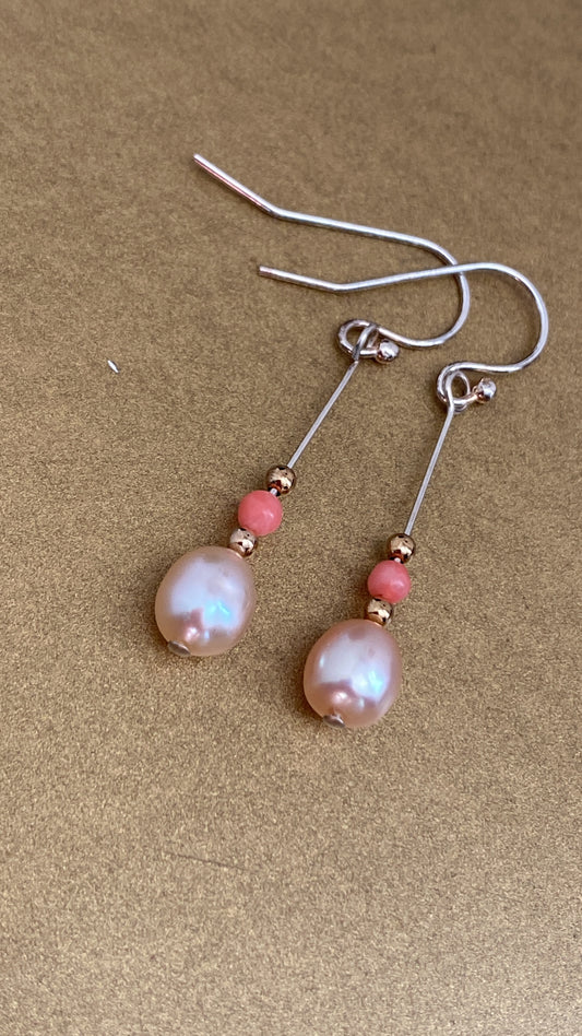 Pearl and Coral Gold and Silver Drop Earrings