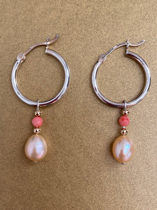 Pearl and Coral Gold and Silver Loop Earrings