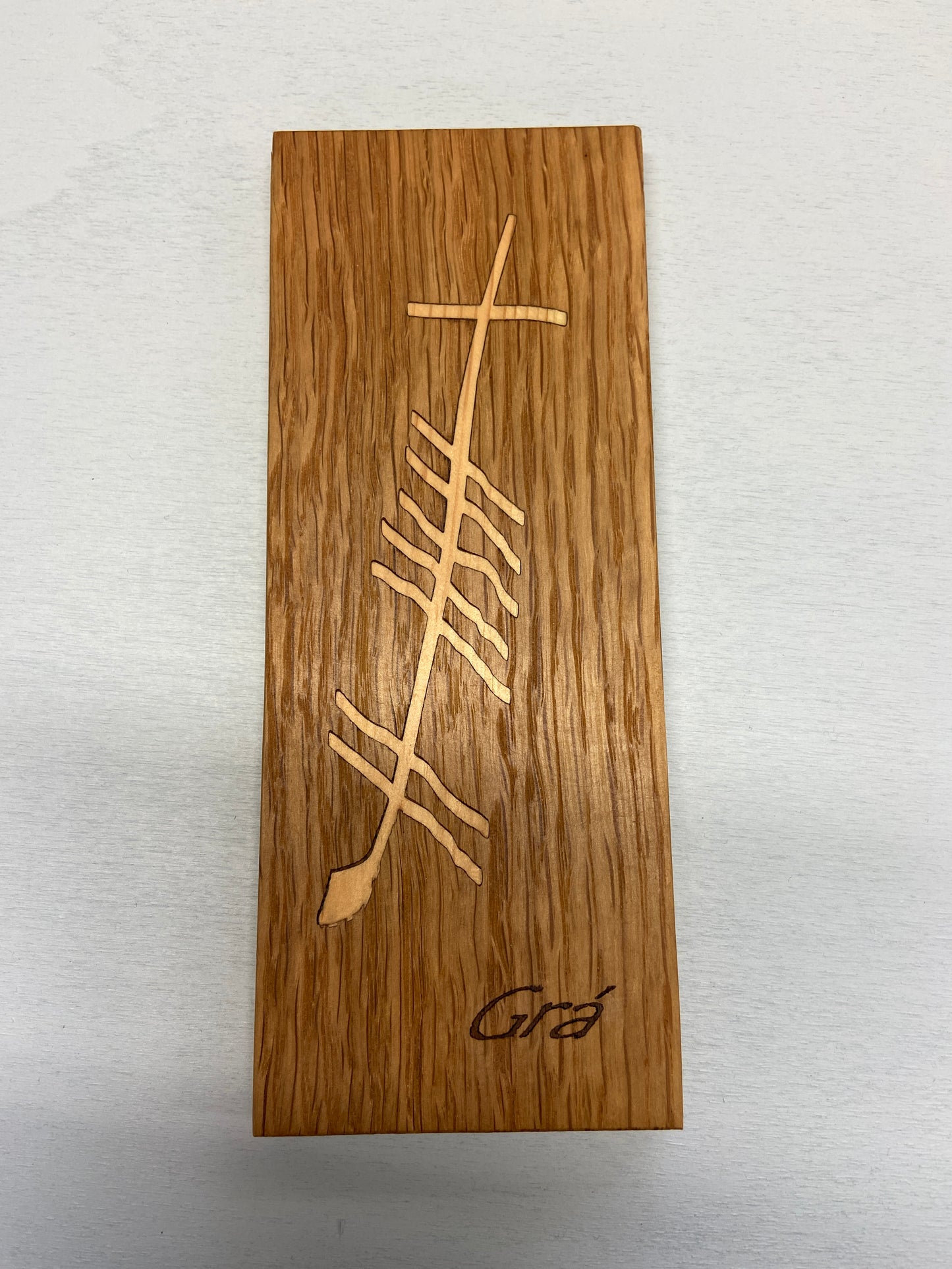 Grá (Love) Ogham Wooden Plaque Sycamore and Walnut Inlay in Oak