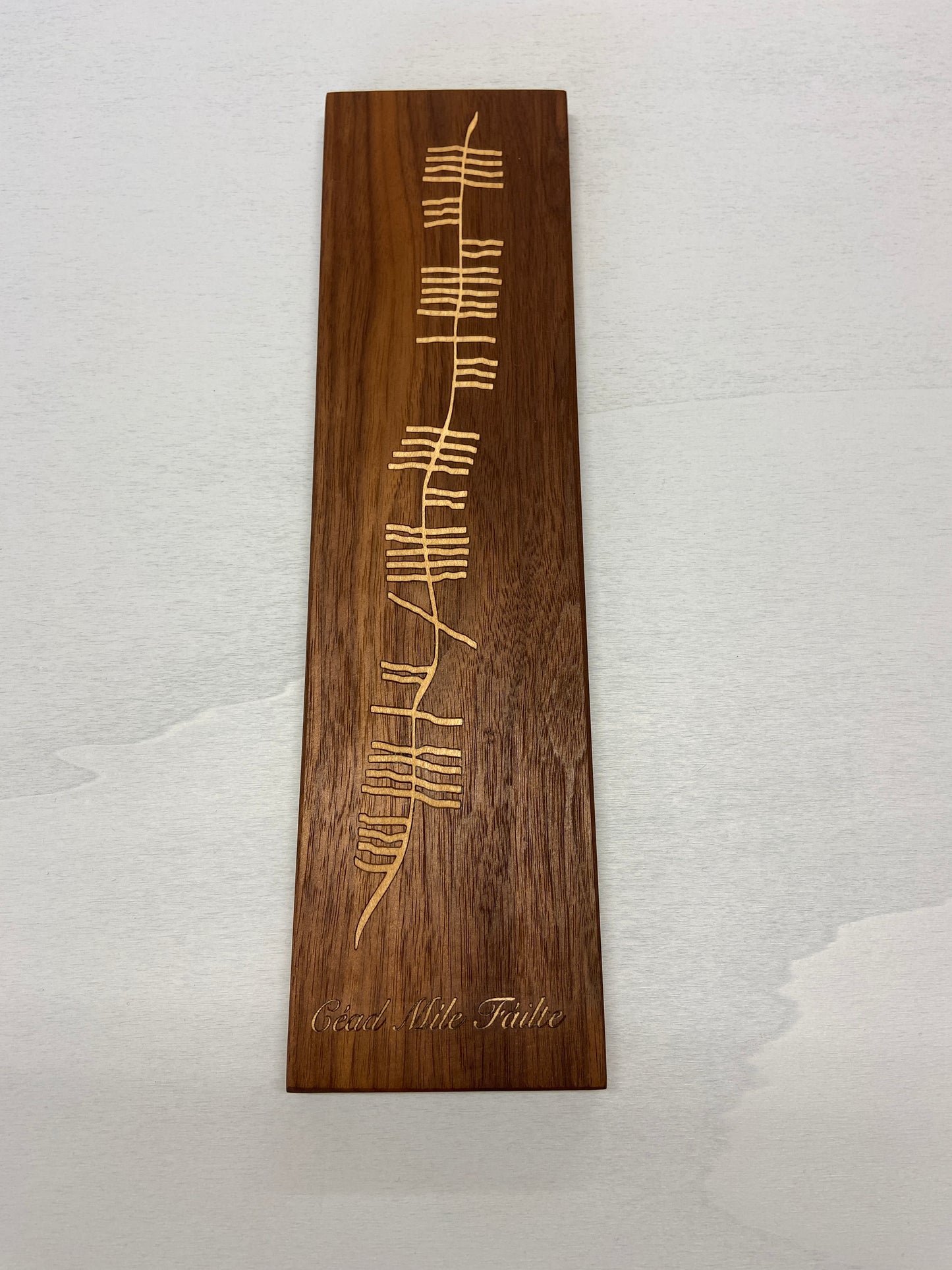 Céad Mile Fáilte - Ogham plaque Sycamore inlay in walnut