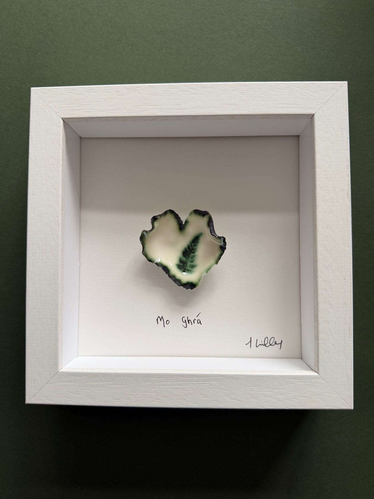 porcelain fern heart small white frame