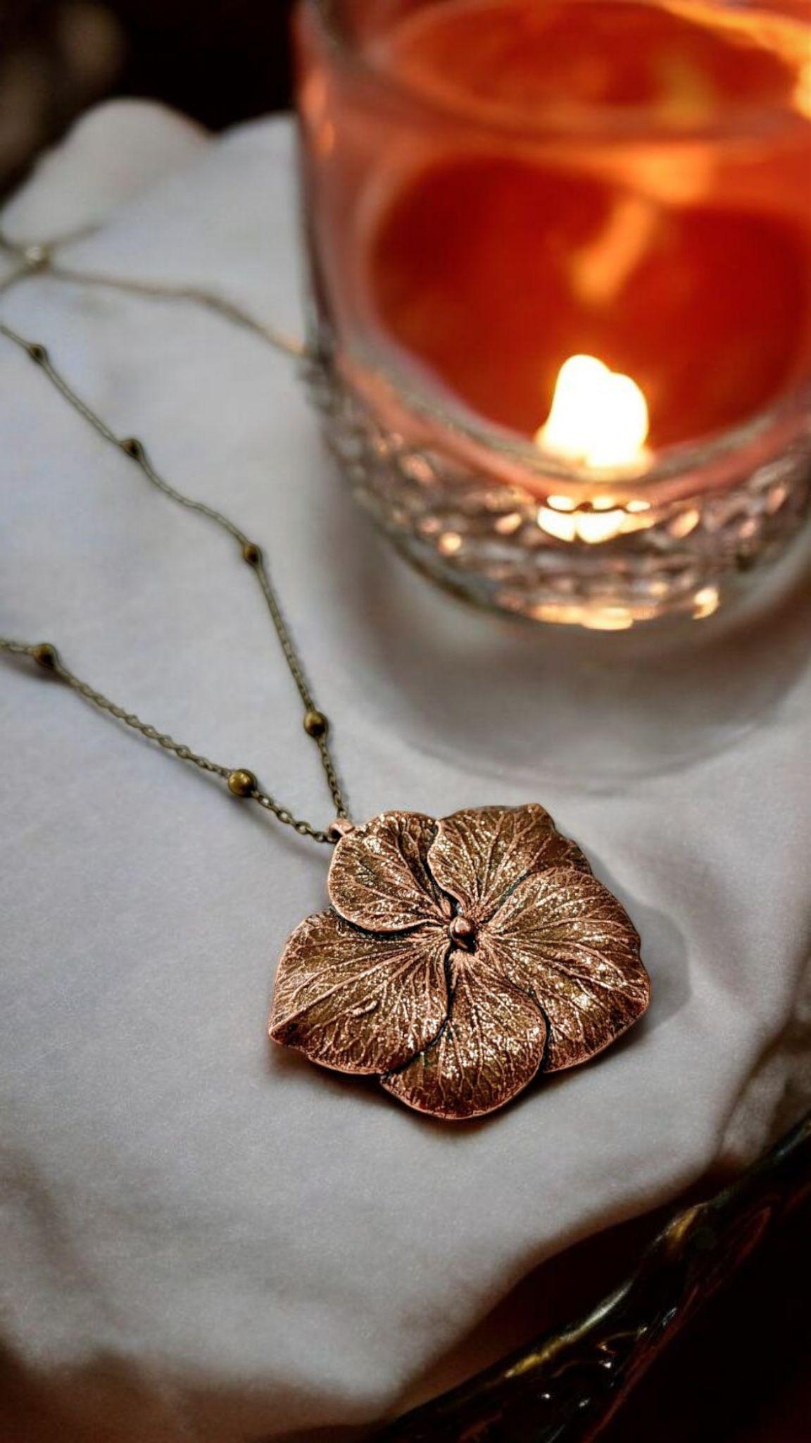 Copper Pendant “Hydrangea — Classic Patina” — Natural Flower