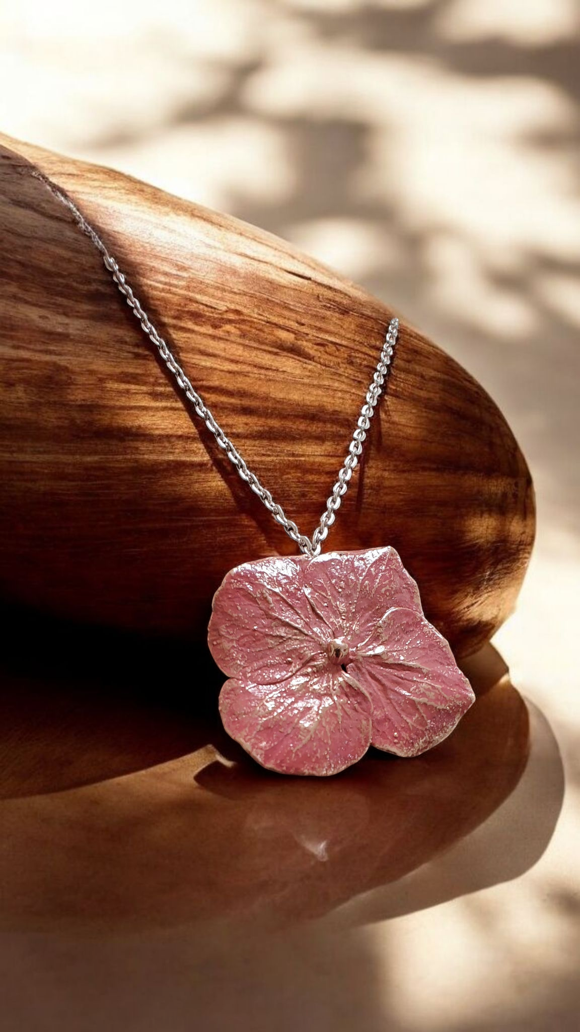 Copper Pendant “Coral Hydrangea” — Natural Flower with Patina
