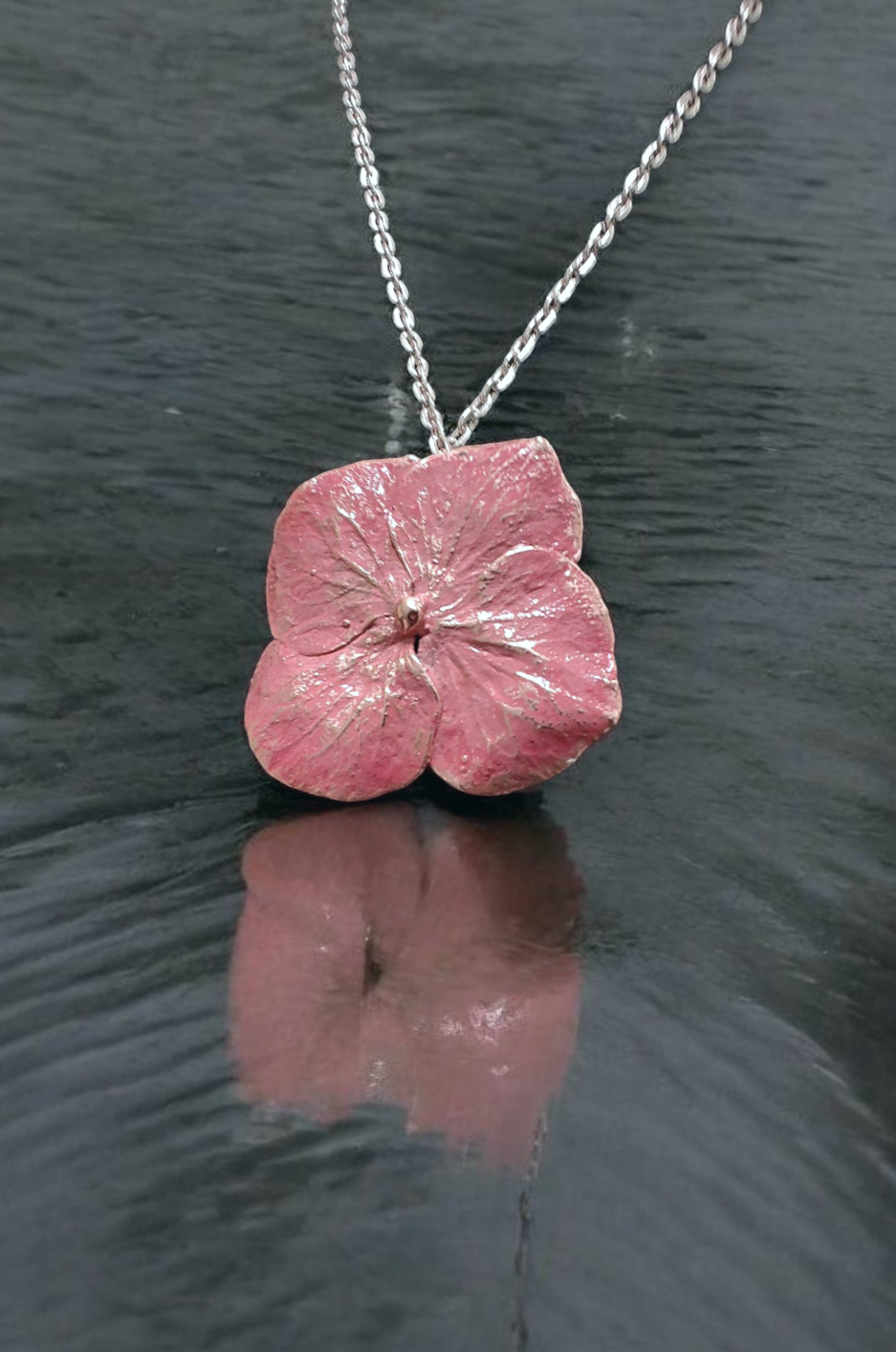 Copper Pendant “Coral Hydrangea” — Natural Flower with Patina