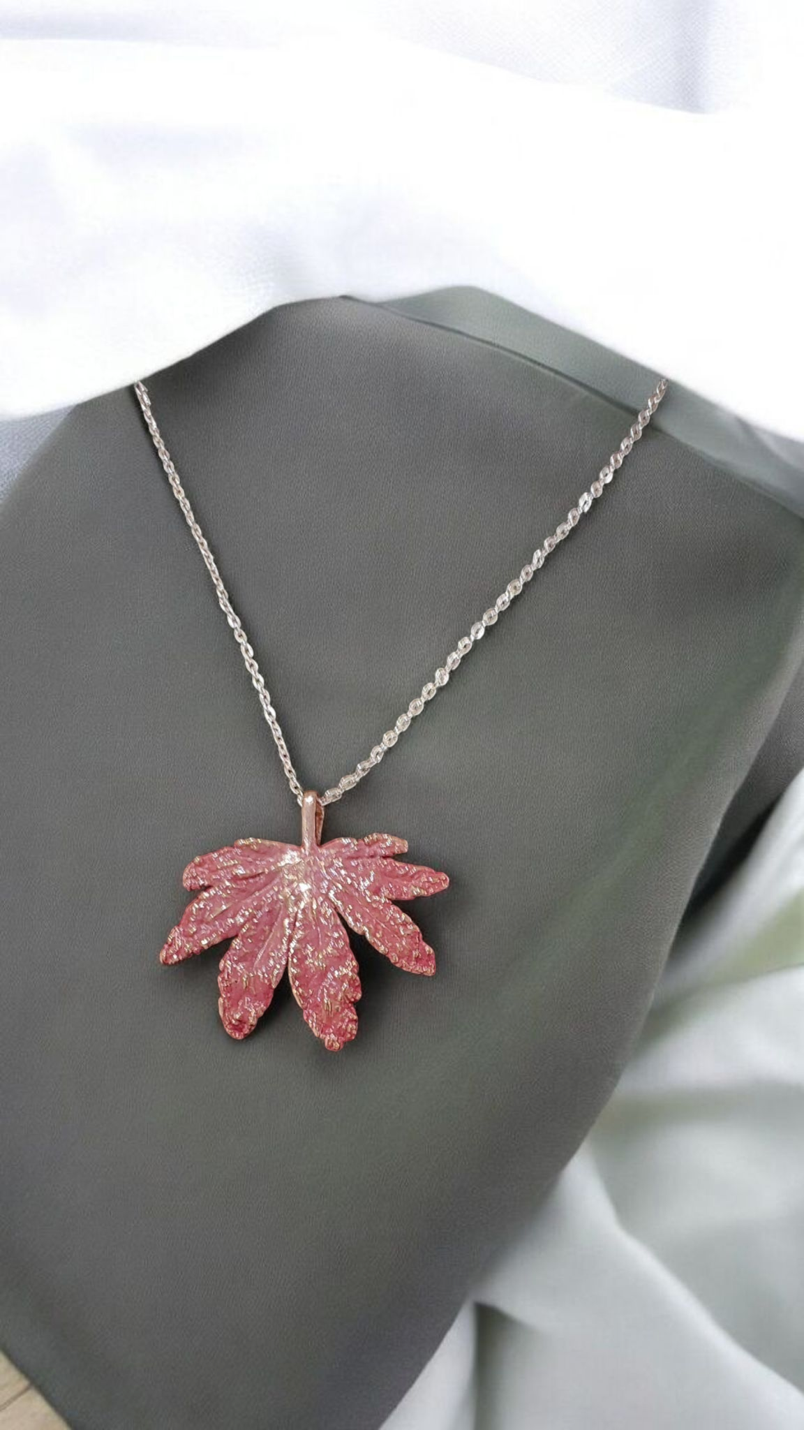 77 Japanese Maple Leaf. Coral Patina Copper Pendant
