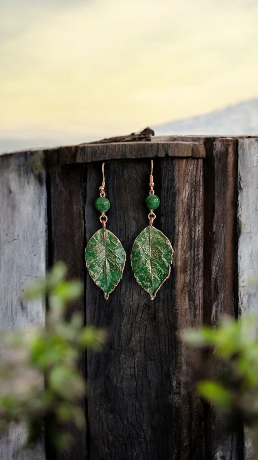 Copper Earrings “Rose Leaf” with Green Patina and Serpentine Stone