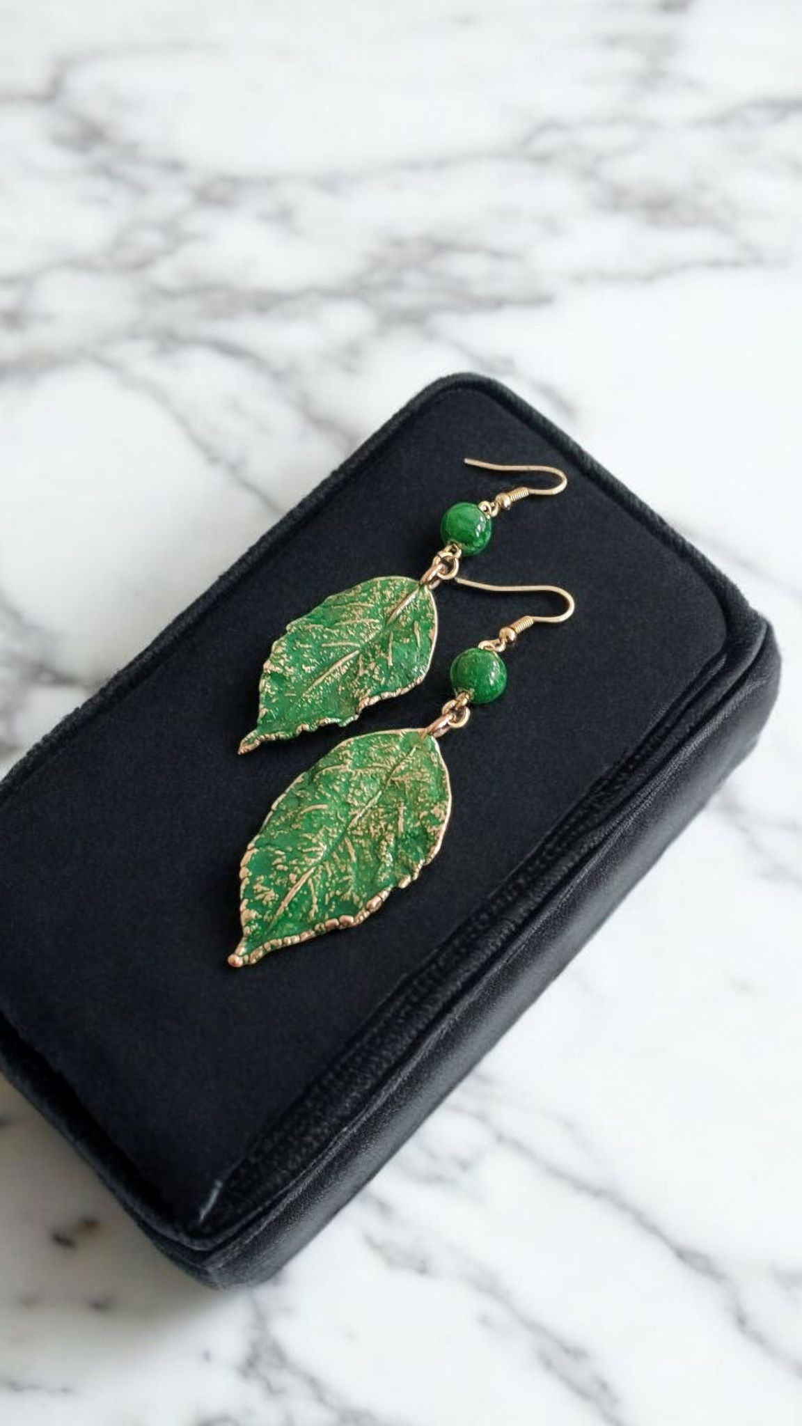 Copper Earrings “Rose Leaf” with Green Patina and Serpentine Stone