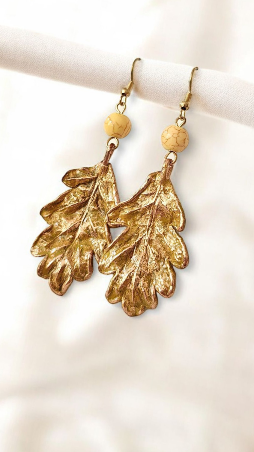 128 Oak Leaf Earrings — Golden Patina & Yellow Howlite
