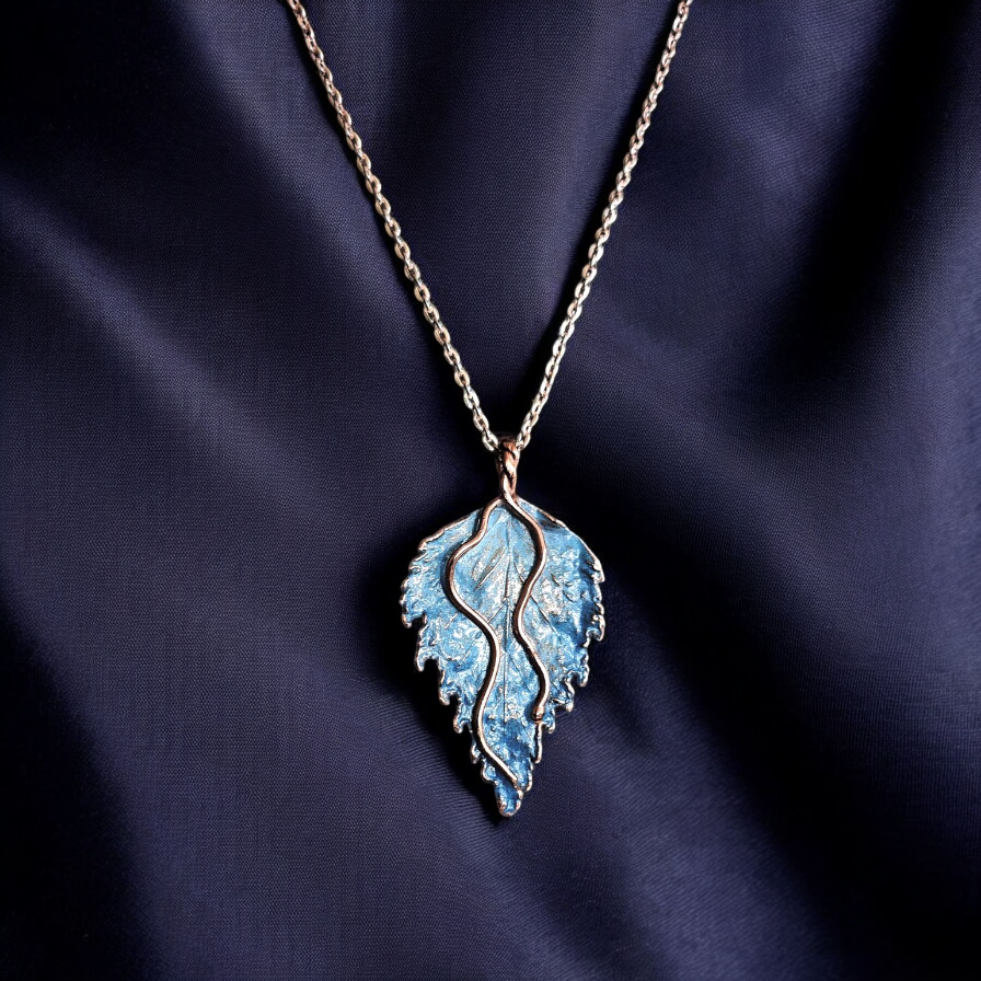 8. Birch Blue – Copper Birch Leaf Pendant