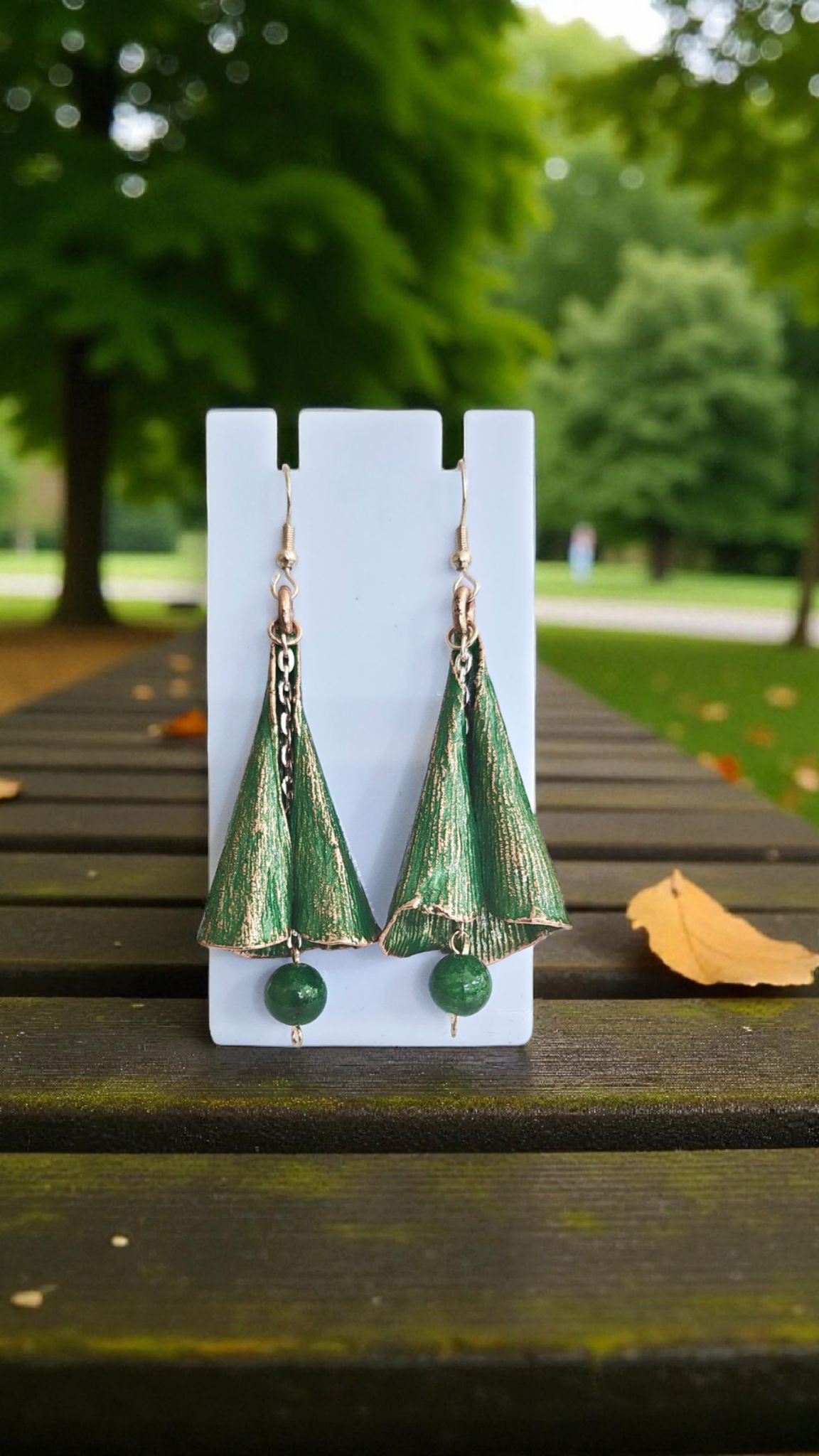 12. Emerald Ginkgo – Copper Earrings with Natural Leaf
