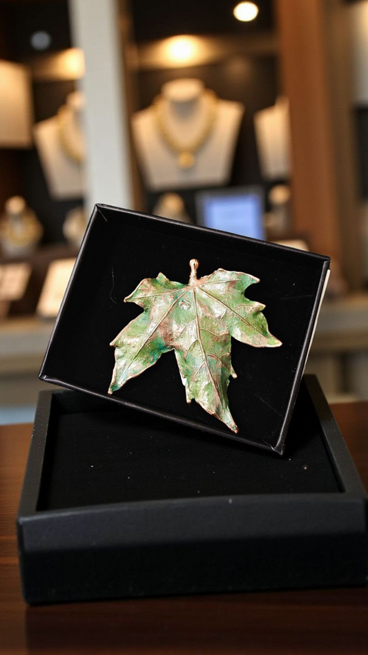 90 Maple Leaf in Green Patina Copper Brooch