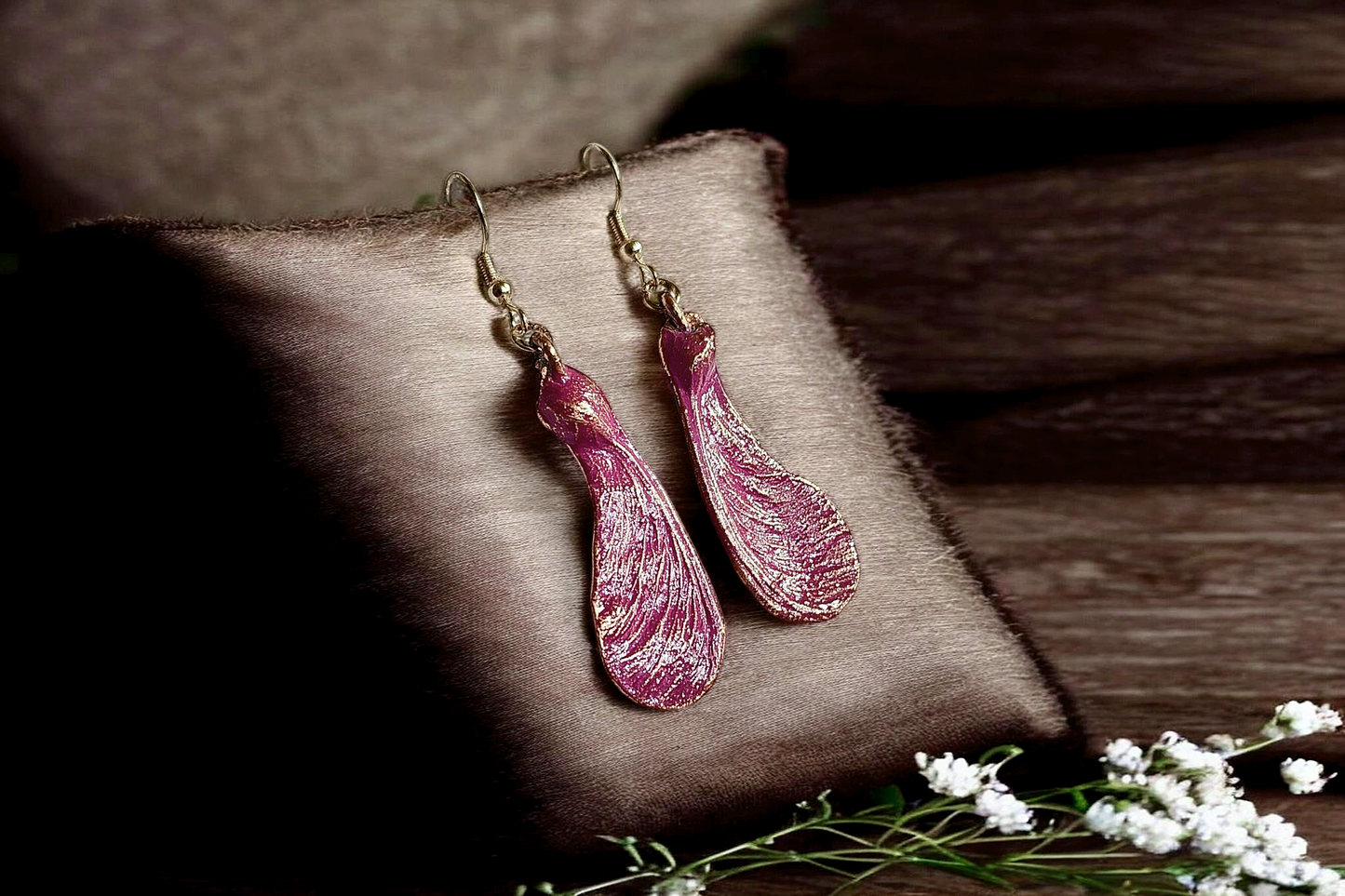62 Designer Copper Maple Seed Earrings with Raspberry Purple Patina