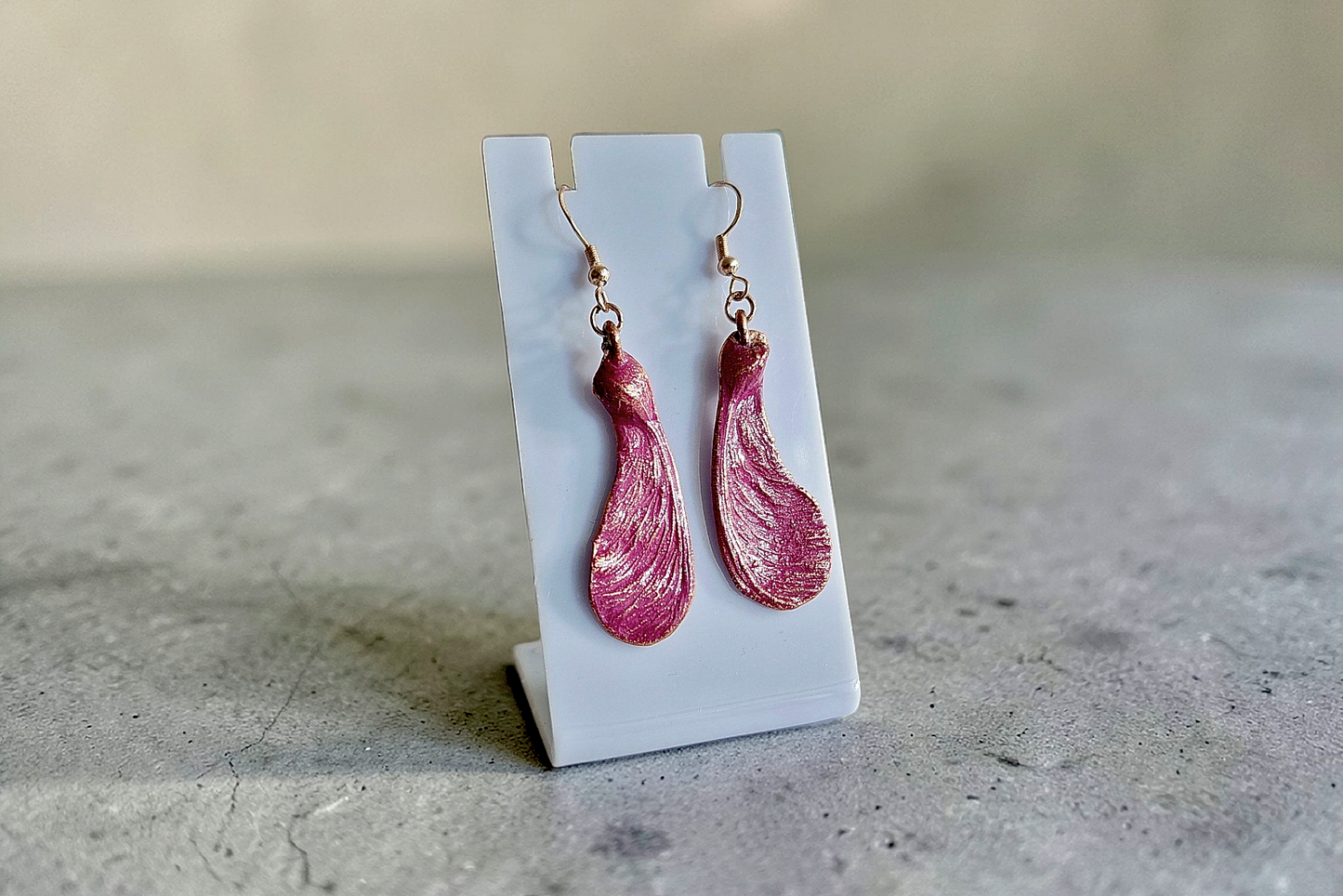 62 Designer Copper Maple Seed Earrings with Raspberry Purple Patina
