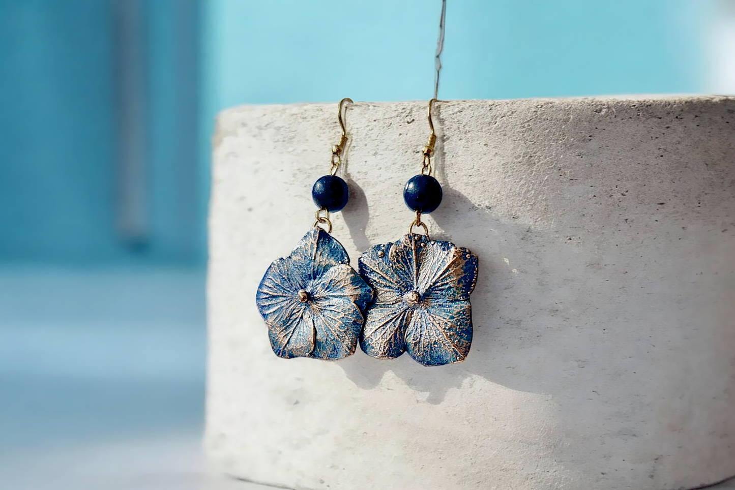61 Designer Copper Hydrangea Earrings with Blue Howlite