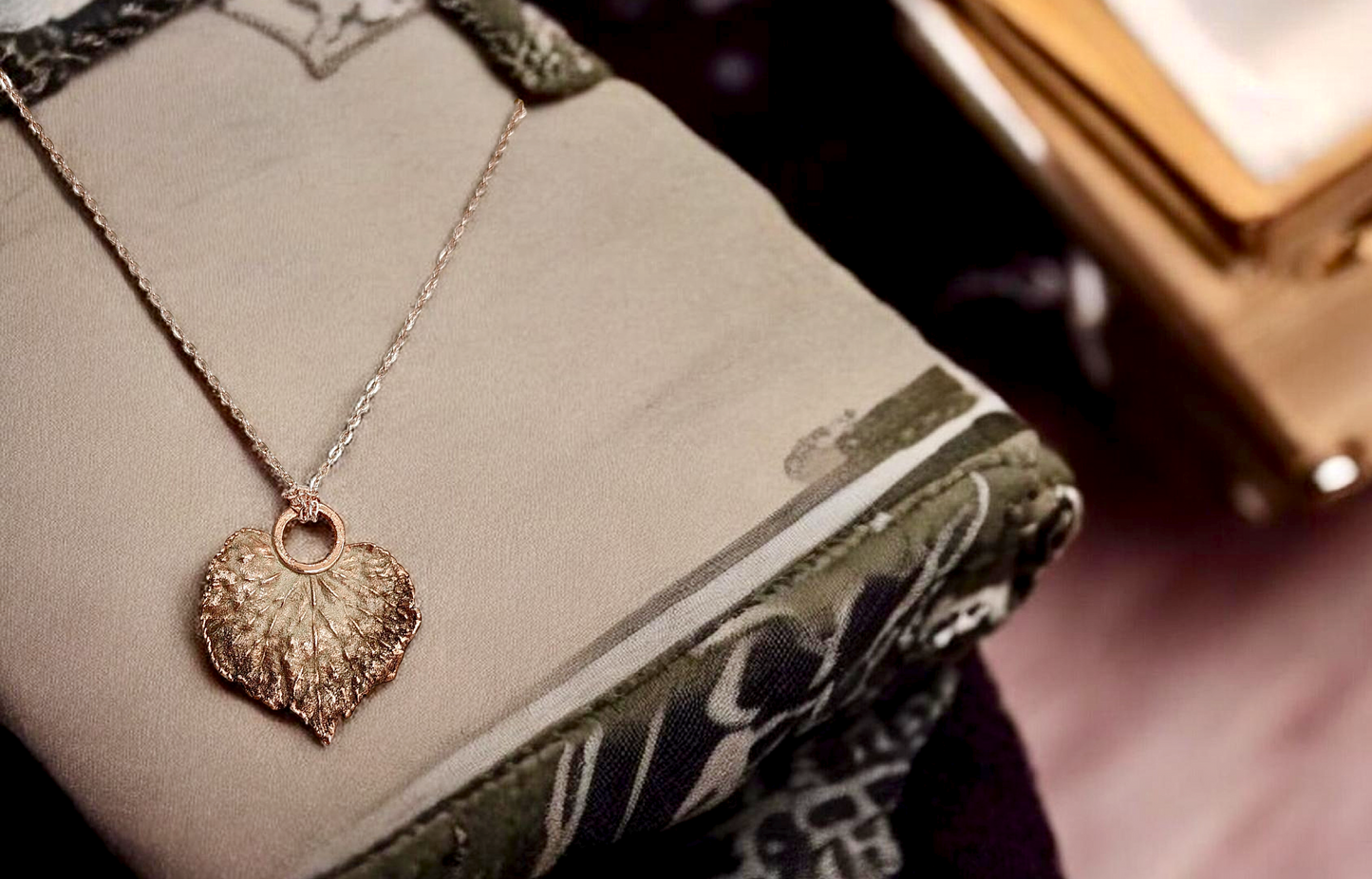 75 Linden Leaf. Beige Patina Copper Pendant