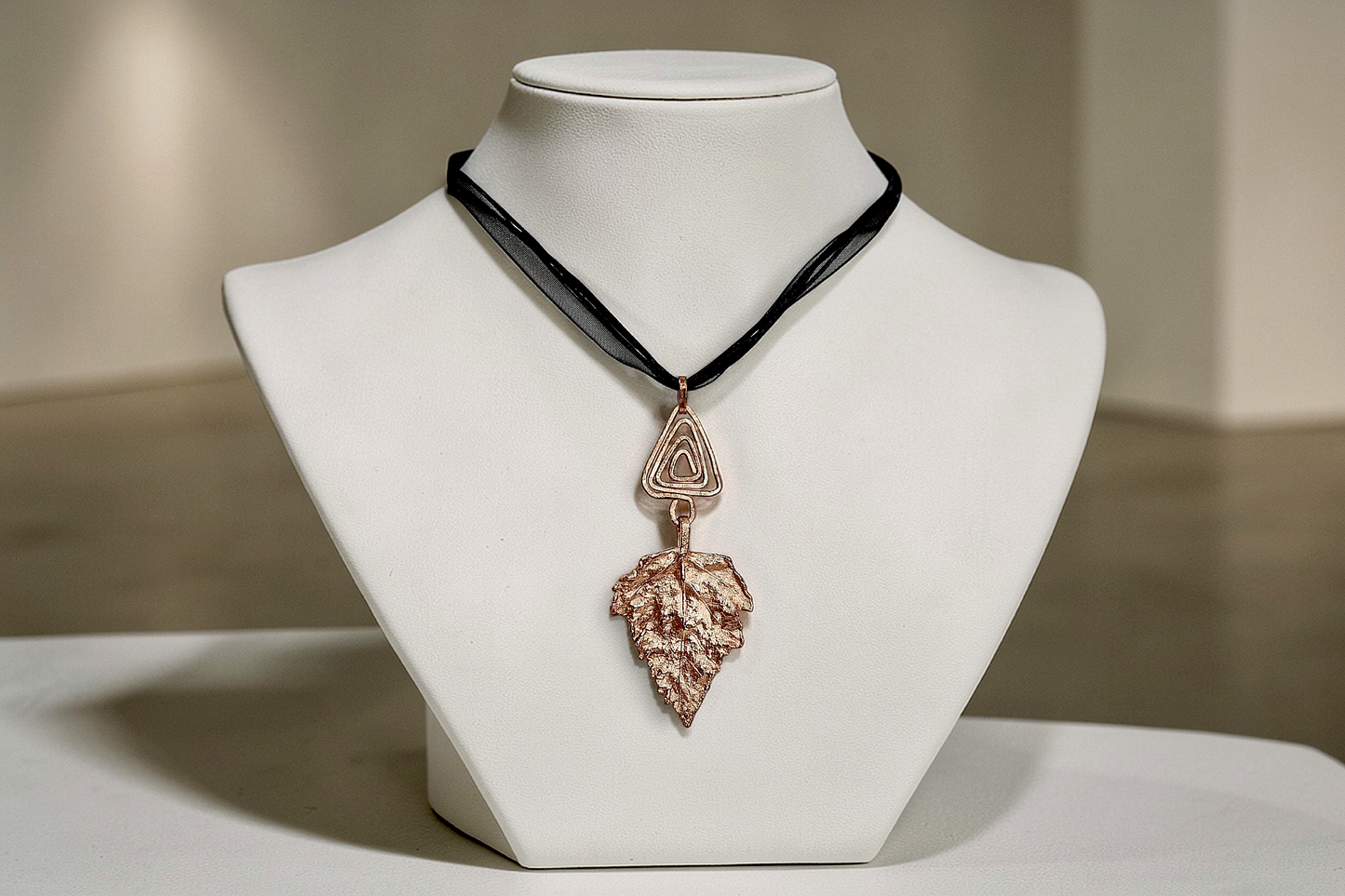 86 Birch Leaf with Geometric Detail Copper Pendant