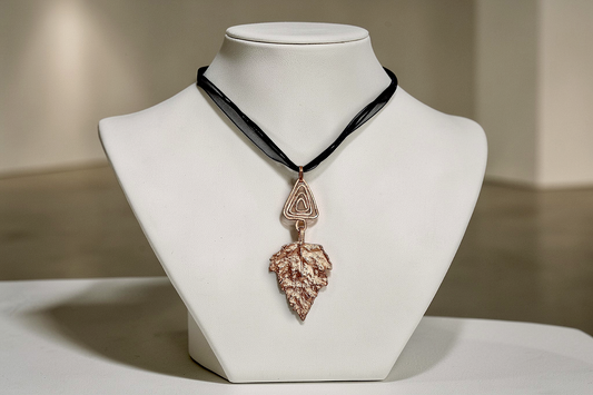 86 Birch Leaf with Geometric Detail Copper Pendant