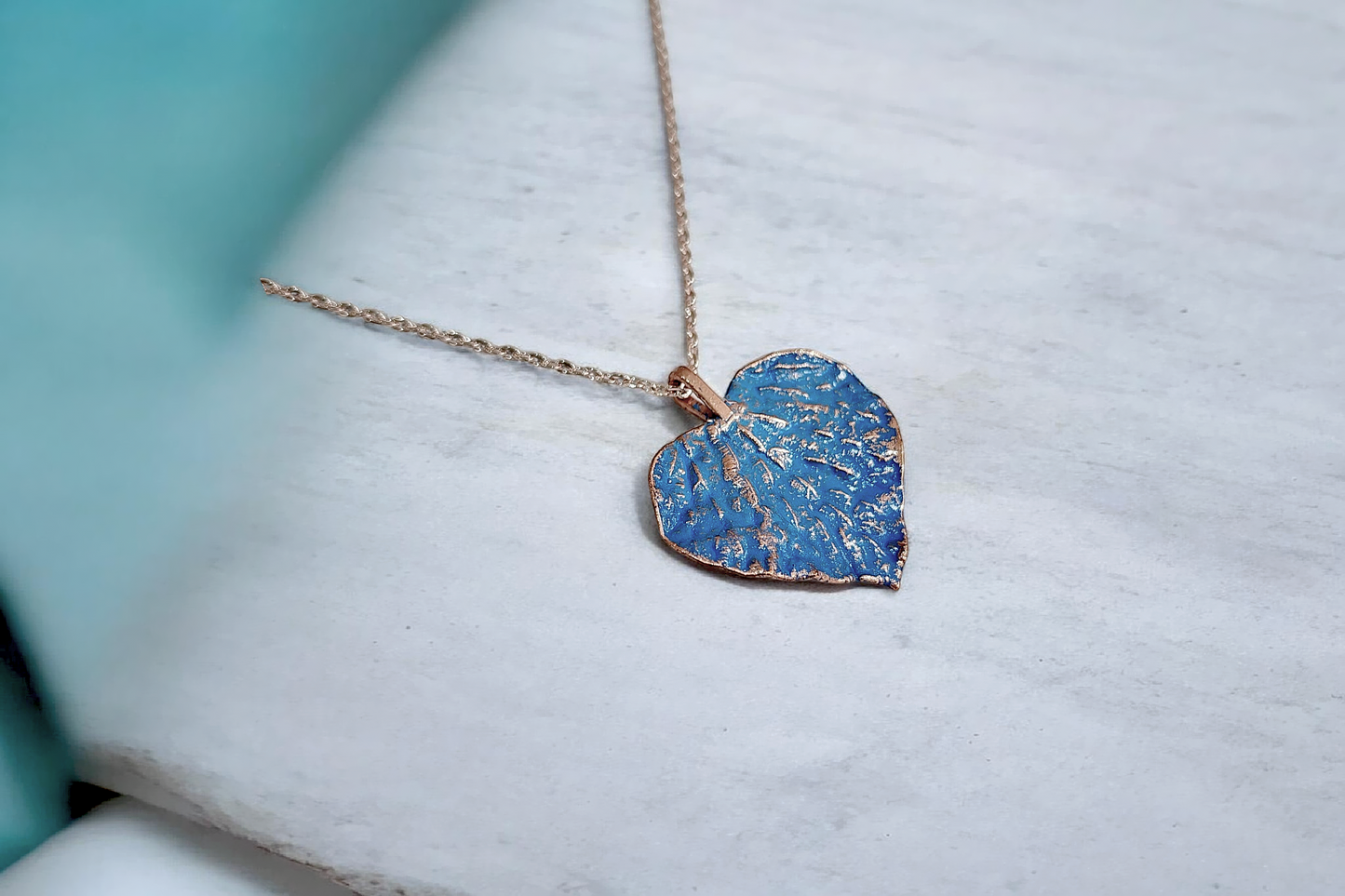 102 Linden Leaf Pendant Blue Patina — Sweet Copper